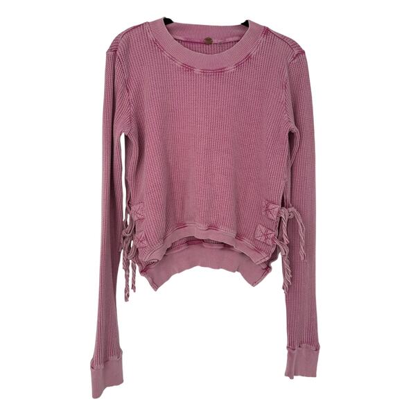 Free People Tops - Free People FP One Interlaken Thermal Top Pink Cropped Lace-Up Sides Boho L